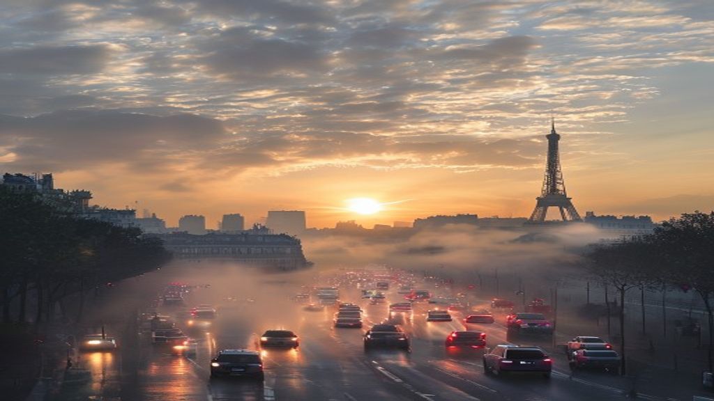 Paris'in sabah saatlerinde sisli bir gökyüzüyle karşılanan şehir silueti