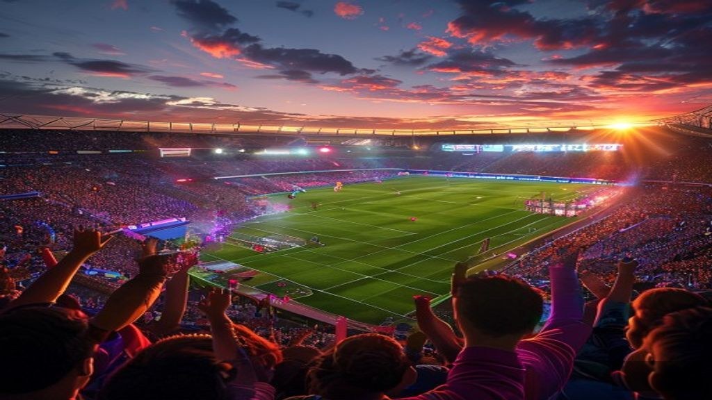 Gecede ışıklarla dolu futbol sahası, taraftarlar coşuyor.